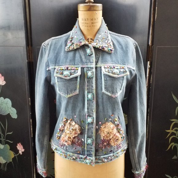 Vintage MARY FRANCES Beaded Embroidered Statement Jean Jacket, Size Small - Picture 1 of 7